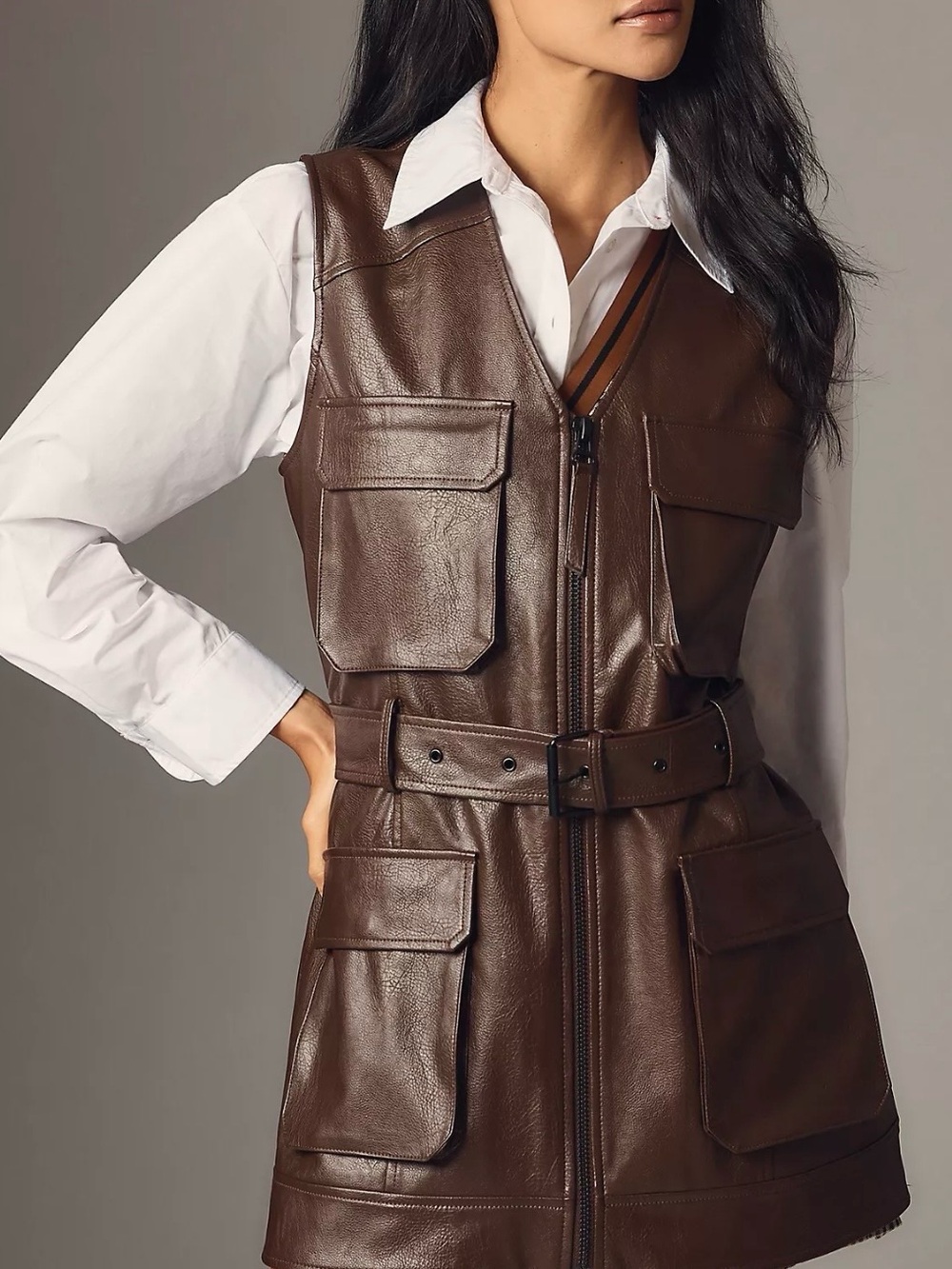 Anthropologie Brown Leather Utility Vest with Belted Waist
